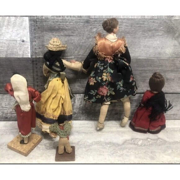 Lot of 5 Vintage Folk Art Wood Cloth Dolls  Old Dress 4-11” (CS4) - Picture 6 of 11